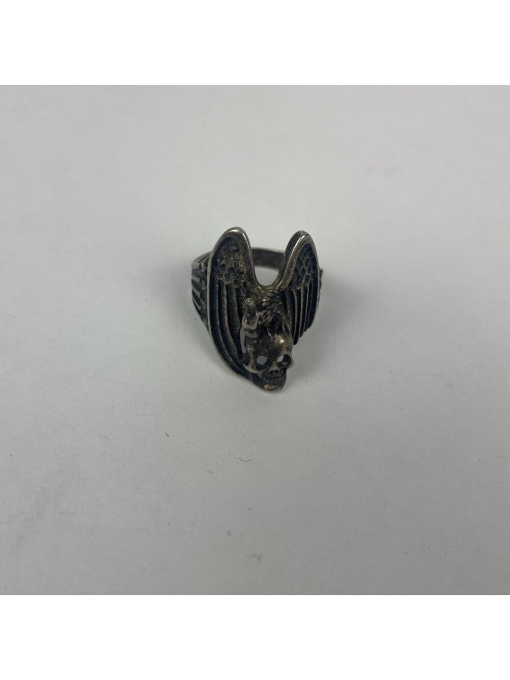 Vintage G&S Winged Skull Bird Ring – Size 14 – Silver Gothic Biker Style